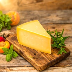 Cheese wedge on wooden board