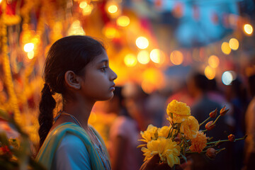 Young girl offering flowers at Durga pandal with glowing dusk lights.

