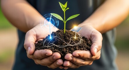 Hands Holding Soil with Seedling, Wind Turbine and Solar Panel Hologram: Concept of Green Energy and Sustainability