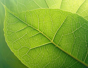 Macro close up of vibrant green leaf showing intricate texture and vein. beautiful natural pattern creates fresh and calming botanical background with soft sunlight