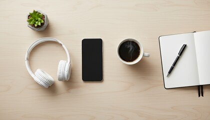 Flat lay of smartphone, wireless headphones, and coffee cup on a wooden desk, minimal lifestyle composition