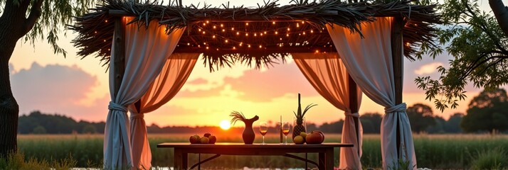 Cozy outdoor dining setup at sunset with string lights and fruit on table