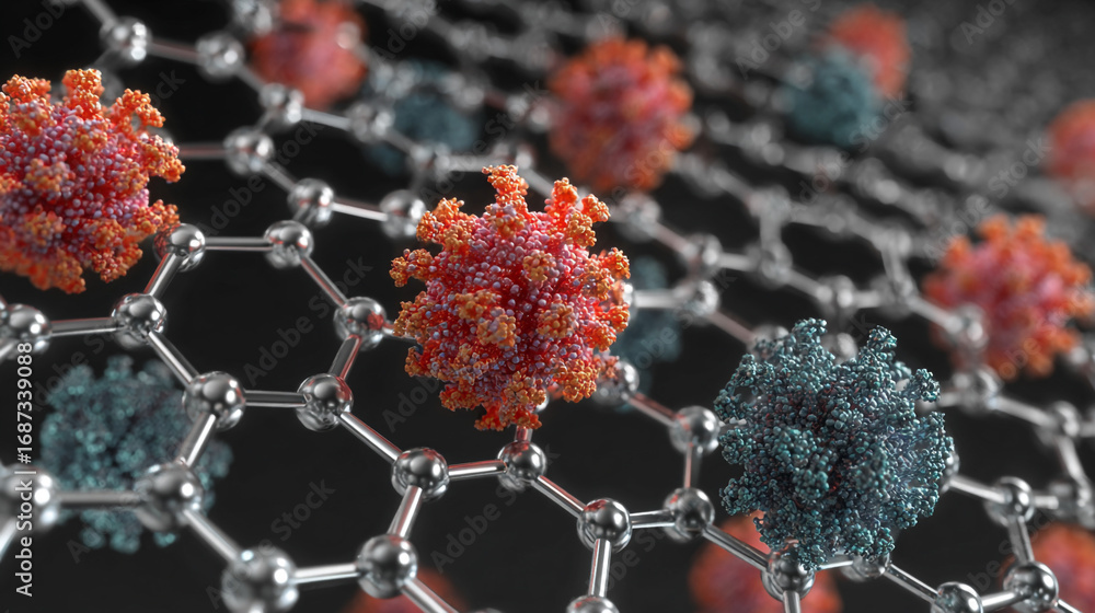 Poster viruses interacting on a molecular structure a 3d render