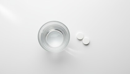 Flat lay of glass of water and two white tablets on a clean white surface, minimal medical lifestyle shot