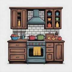 Rustic kitchen aesthetic, Playful, Tertiary Color, Digital Art, Contour, Vector, White Background