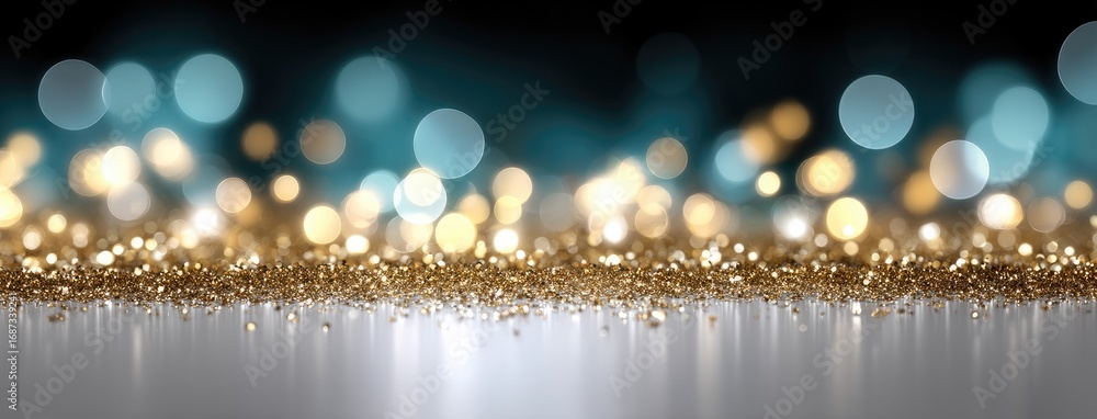 Poster golden glitter sparkles on a shiny surface with blurred blue lights in the background creating a fes