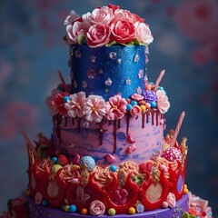 Luxurious multi-tier cake decorated with sugar roses, candies, and glitter details in pink, purple, and blue tones. A fantasy-inspired artistic dessert.