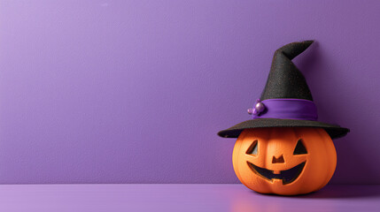 Halloween carved orange jack-o'-lantern with a grinning face, topped with a black witch's hat accented in purple, surrounded by pumpkins, all set against a solid purple background for a festive and sp