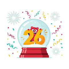 Obraz premium Vector illustration of cute cartoon monster holding number 26 inside a snow globe with confetti and fireworks