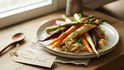 Farm fresh roasted vegetables with quinoa on a plate by a window in soft light