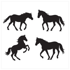 Fototapeta premium Action-Posed Horses, Outdoor Scene, Silhouette Illustrations, Dynamic Movements, Artistic Environment