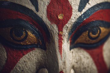  Kalighat folk art of fierce Durga face on parchment texture.

