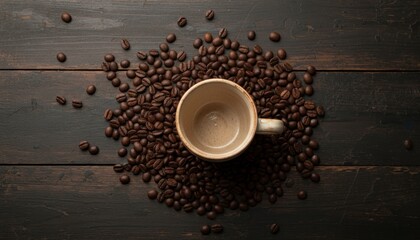 Flat lay of coffee beans scattered around a ceramic cup on a dark rustic wooden table
