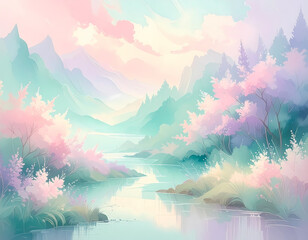 Fototapeta premium Serene fantasy landscape with tranquil river flowing through pastel mountain valley. soft, dreamy art style creates peaceful and magical background illustration
