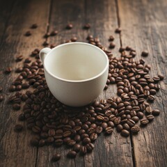Flat lay of coffee beans scattered around a ceramic cup on a dark rustic wooden table