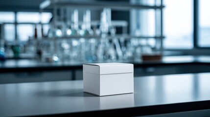 Beautiful photo of mockup of a small white box on a table with the size of 114x157mm. blurred background. laboratory scenery.