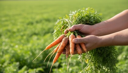 Close-up of hands holding freshly harvested carrots with soil still attached, blurred green field in background, stock photo style