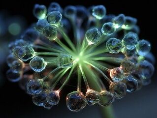 Obraz premium Abstract macro photograph of a spherical flower head with translucent, glowing blue and green petals or bulbs, radiating light from the center against a dark background