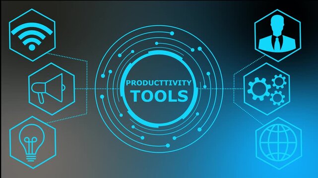 Animated digital presentation displaying productivity tools concept. business technology virtual screen background. performance metrics, and business insights from large data sets ,network 4k,,,