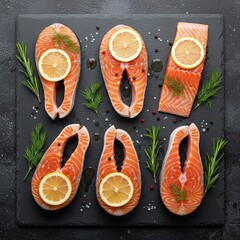 Flat lay of raw salmon fillets with lemon slices and herbs on dark slate background, rustic food photography