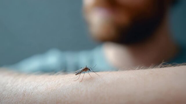 Mosquito perching on human skin, preparing to feed, highlighting potential disease transmission risks during warm seasonal periods with potential health implications