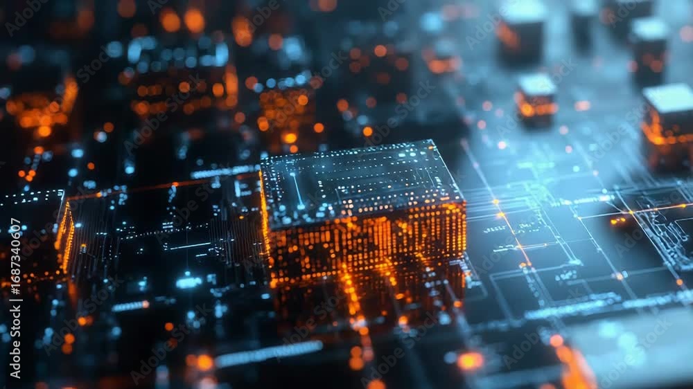 Poster quantum computer processor performing complex calculations on motherboard