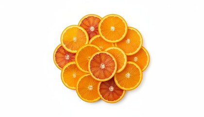 lat lay of sliced oranges arranged in a circle on a white background, vibrant citrus composition
