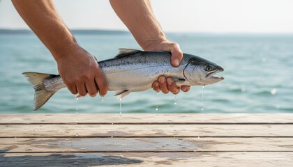 Close-up of fisherman’s hands holding a freshly caught fish over wooden dock, blurred sea background