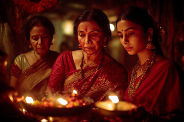 Mother and daughter performing Durga aarti in temple during Navratri.
