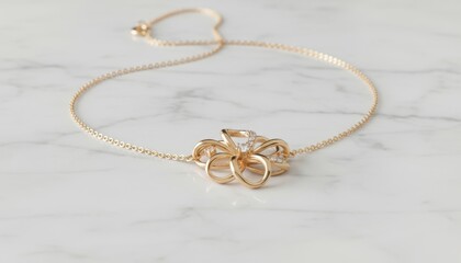 Close-up of gold necklace on white marble surface, elegant jewelry