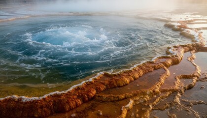 Close-up of bubbling hot spring with mineral deposits in colorful layers, geothermal natural wonder