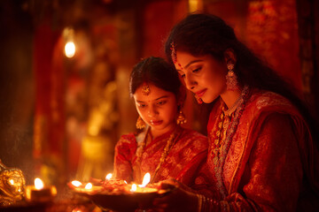 Mother and daughter performing Durga aarti in temple during Navratri.
