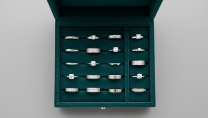 Flat lay of silver rings placed neatly in velvet box, minimal jewelry