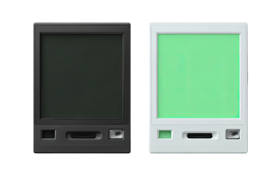 Two square devices, black and white, with screens and buttons