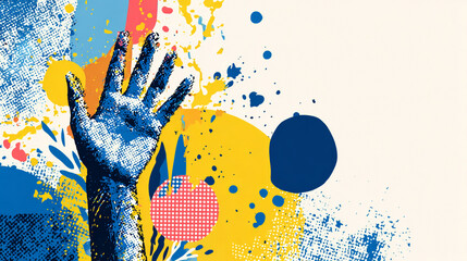 Hand reaching up colorful abstract art paint splash background