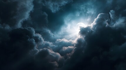 Radiant Moon Breaking Through Dramatic Dark Clouds During Twilight