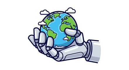 Robotic Hand Holding Earth, Symbol of Environmental Care.