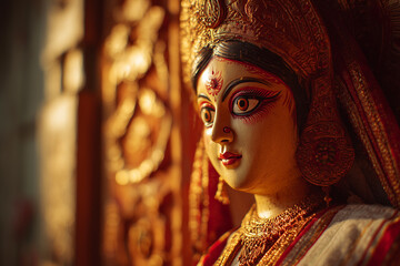  Temple-lit Durga idol in white-red saree during golden hour, peaceful expression with text space on side.
