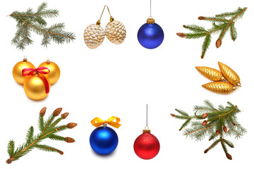 Christmas collection coniferous, ball, cones, toys isolated on white background