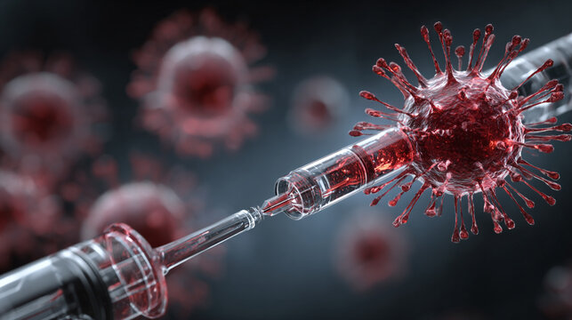 Syringe injecting vaccine into virus combating disease