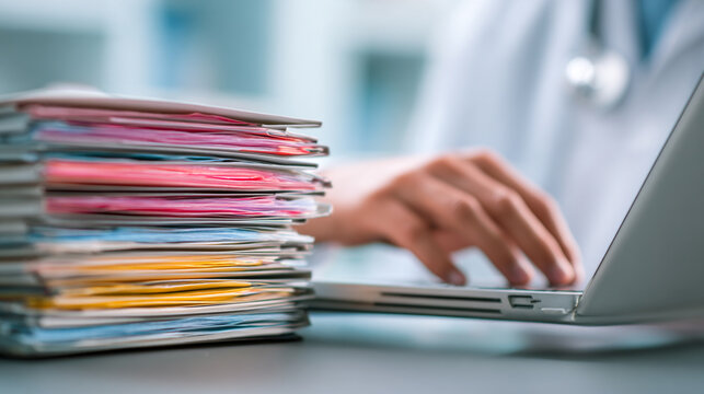 Doctor working on laptop with large stack of patient files medical paperwork healthcare professional