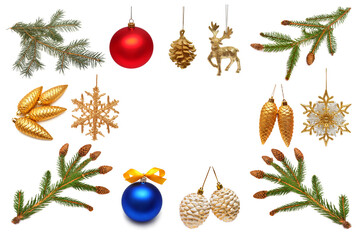 Christmas collection coniferous, ball, cones, toys isolated on white background