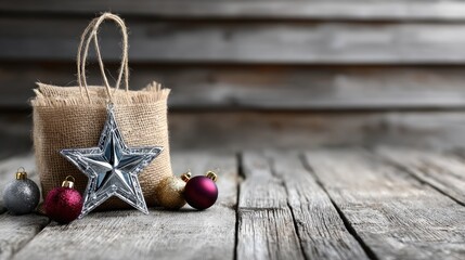 Holiday decorations featuring a silver star ornament beside a burlap bag and colorful baubles on rustic wooden table