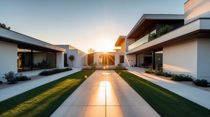 Modern Luxury Home Exterior at Sunset with Clean Lines and Lush Green Lawn