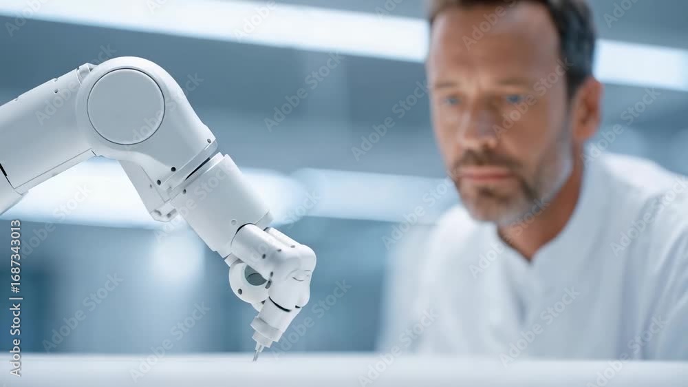 Aufkleber experienced engineer monitoring advanced robotic arm precision during complex automation process in 