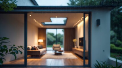 Rainy Day View of Modern Living Room Through Glass Doors with Skylight