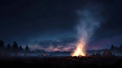 Obraz premium Nighttime campsite scene with a large bonfire tents and people gathered under a starry sky