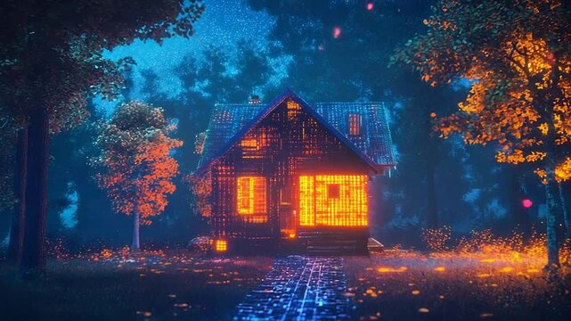 Glowing pixel art house in a magical forest at night with floating hearts