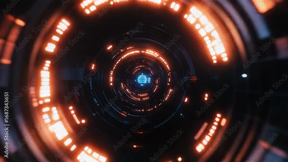 Poster futuristic technology tunnel rotating with digital data stream and blue light