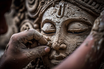  Artisan sculpting Durga idol in clay, raw and powerful visual with storytelling atmosphere and blank space.
